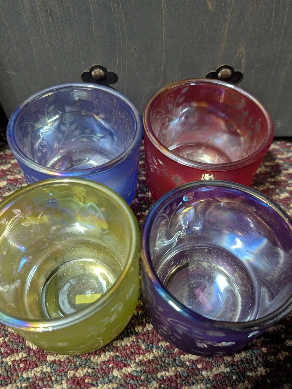 Vintage Floral Frosted Glass Votive Set - Yellow, Purple, Blue, Red